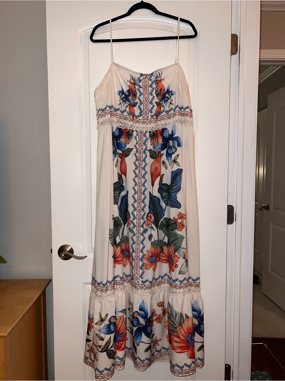 Cream Floral Maxi Dress with Blue & Orange Print